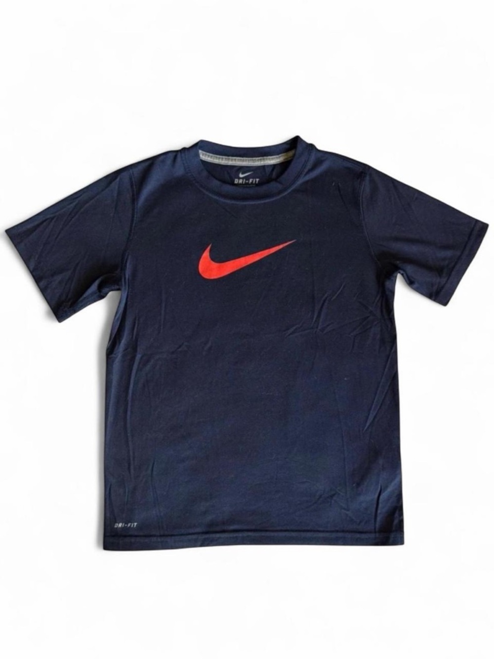 Nike Dri-FIT Youth Small Navy Blue Athletic Tee - Red Swoosh Logo